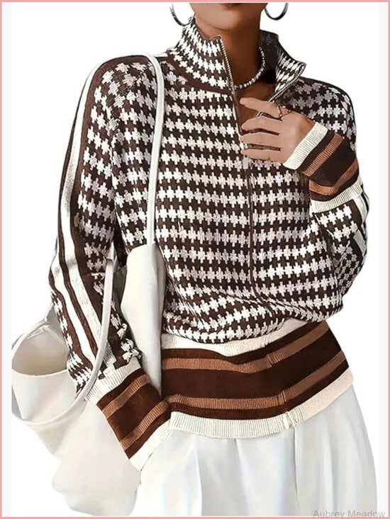 Sweaters - Zip Up Houndstooth Pattern Knit Cardigan Long Sleeve Casual